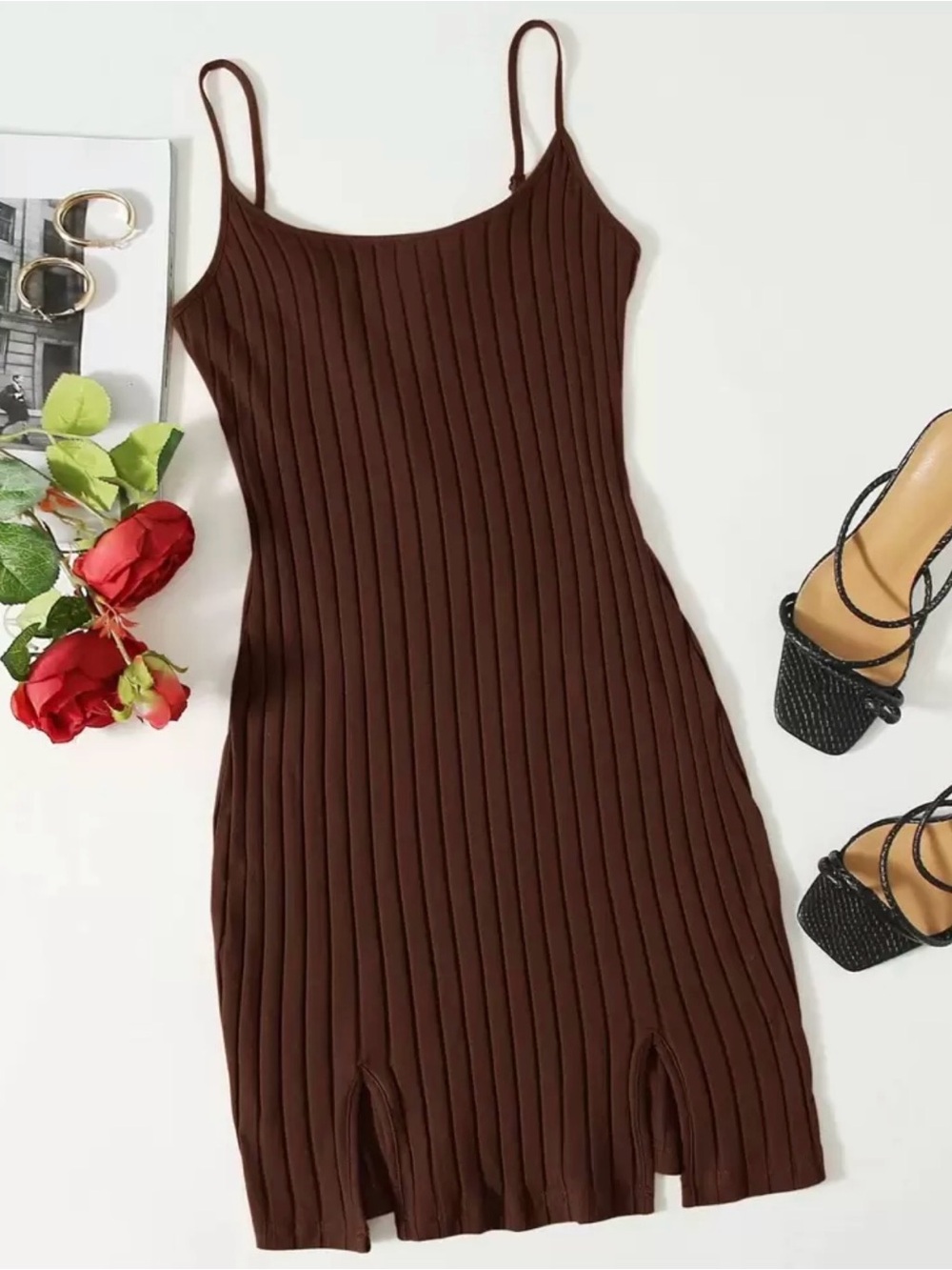 Chocolate Brown Ribbed Mini Slip Dress
